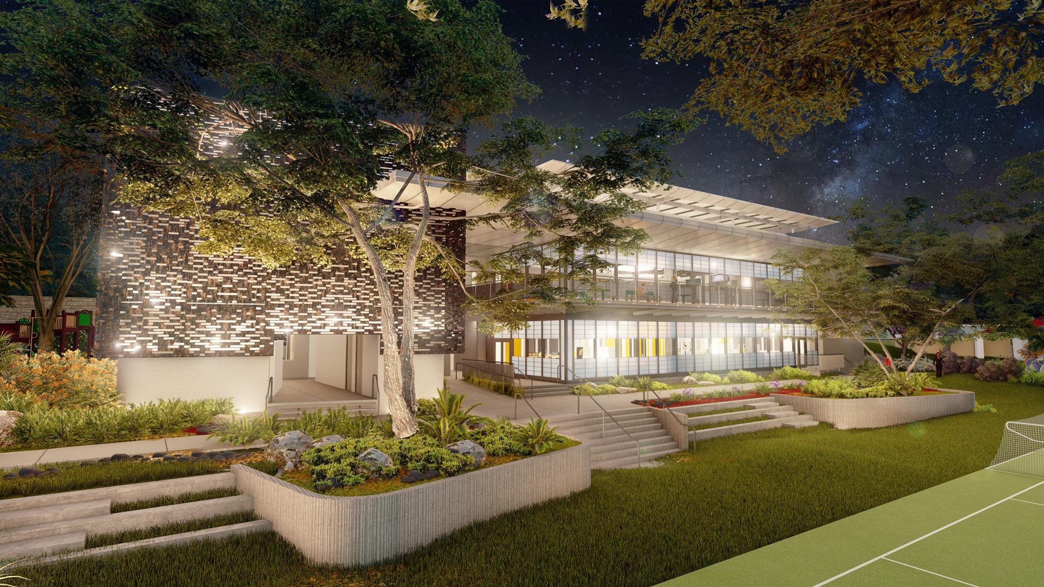  Conceptual render of the Baldwin School of PR Innovation Center project exterior at night. 