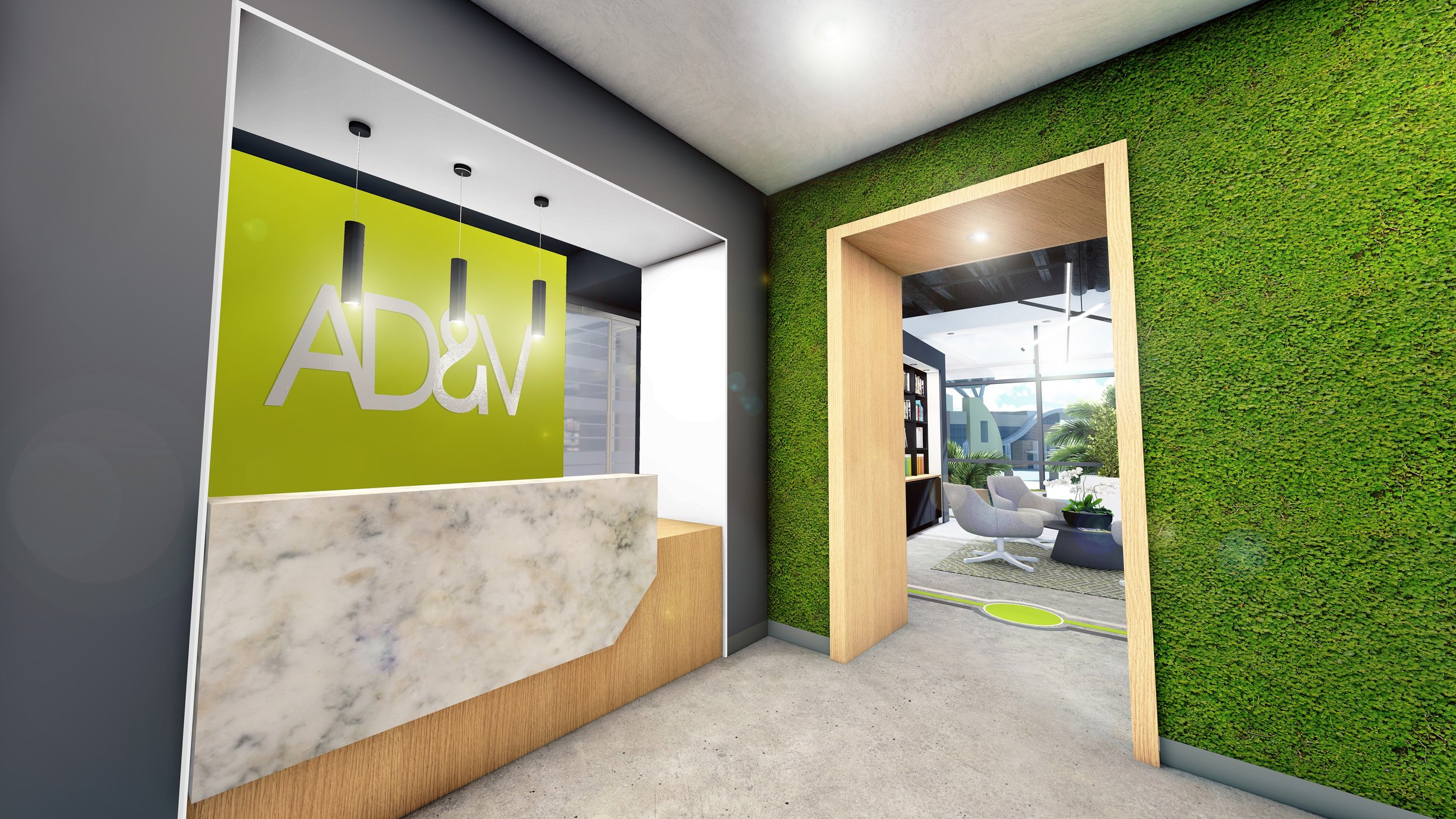  Conceptual render of the AD&amp;V Headquarters Reception Area. 