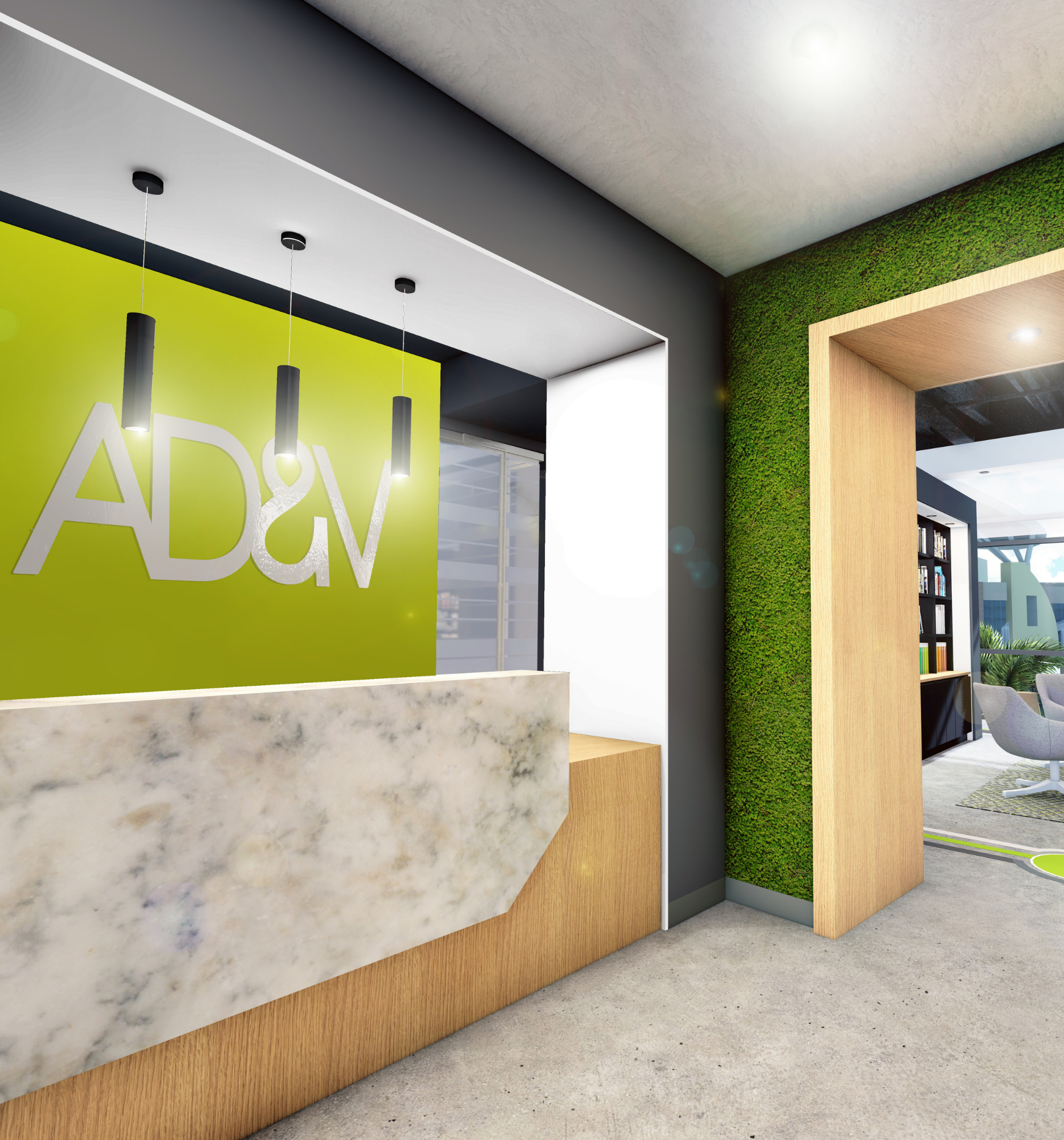 rendering of new AD&V headquarters - lobby/entrance
